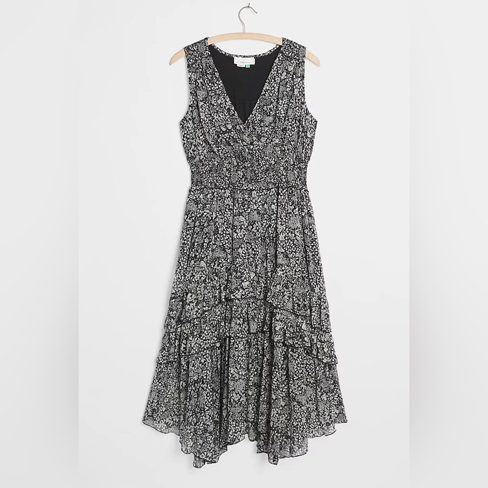 Anthropologie Marcella Tiered Midi Dress black white floral 26838 - Picture 2 of 15